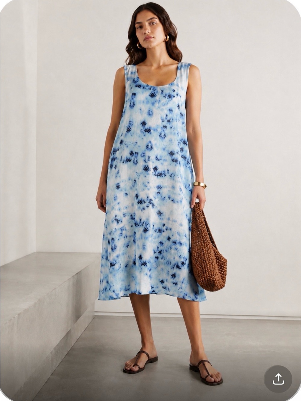 DONNA KARAN Blue White Abstract Print Sleeveless Shift Cotton Dress Size XL